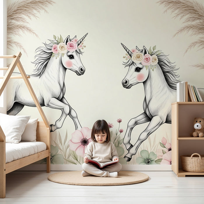 Papier peint chambre bébé | Licornes magiques et fleurs délicates