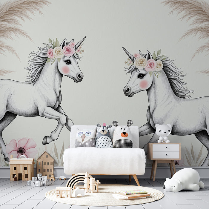 Papier peint chambre bébé | Licornes magiques et fleurs délicates