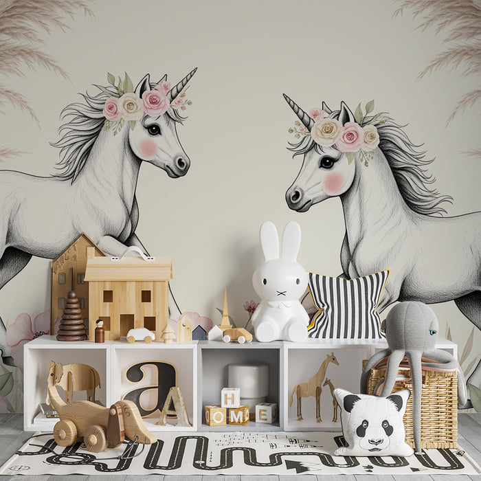 Papier peint chambre bébé | Licornes magiques et fleurs délicates