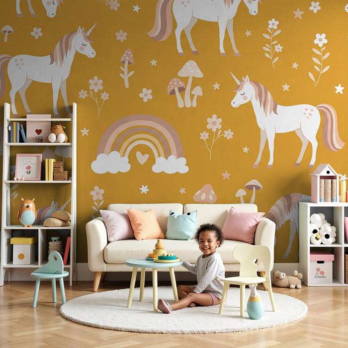 Papier peint chambre bébé | Licornes mignonnes et arc-en-ciel sur fond doré