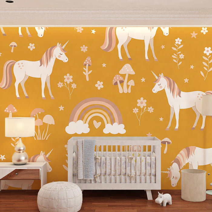 Papier peint chambre bébé | Licornes mignonnes et arc-en-ciel sur fond doré