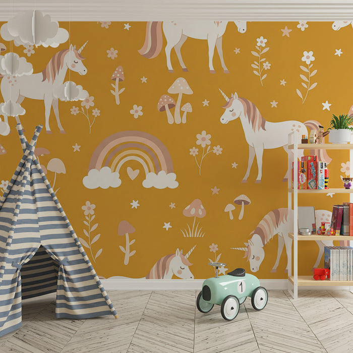 Papier peint chambre bébé | Licornes mignonnes et arc-en-ciel sur fond doré