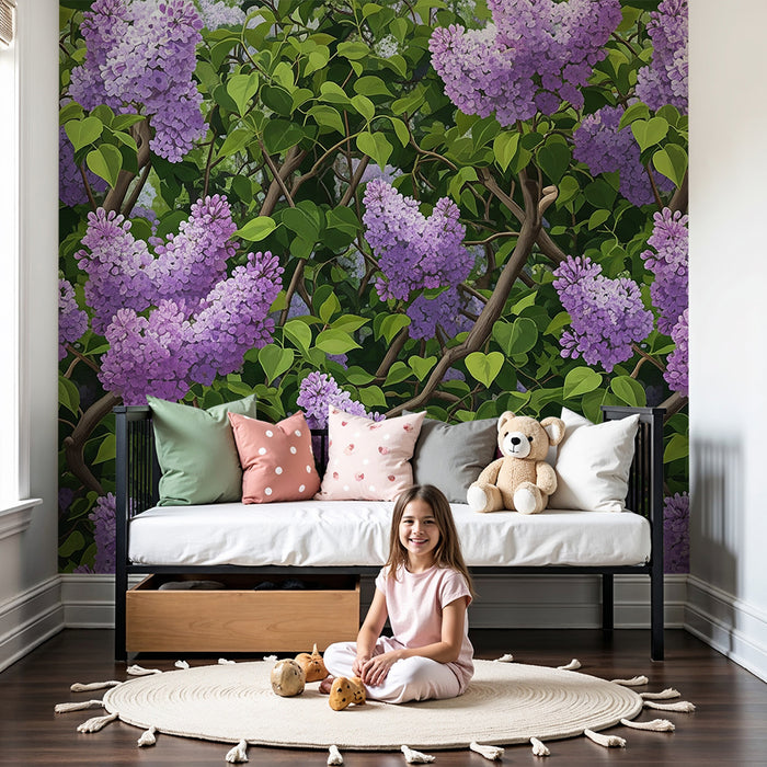 Papel de parede para quarto de bebé | Lilases em flor e folhagem verdejante