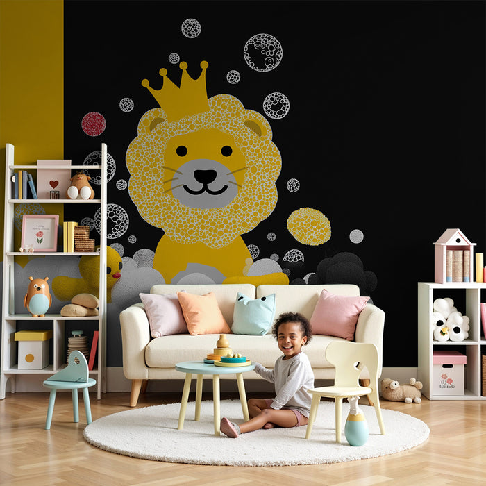 Lastenhuoneen tapetti | Hauska leijona värikkäiden kuplien kylvyssä