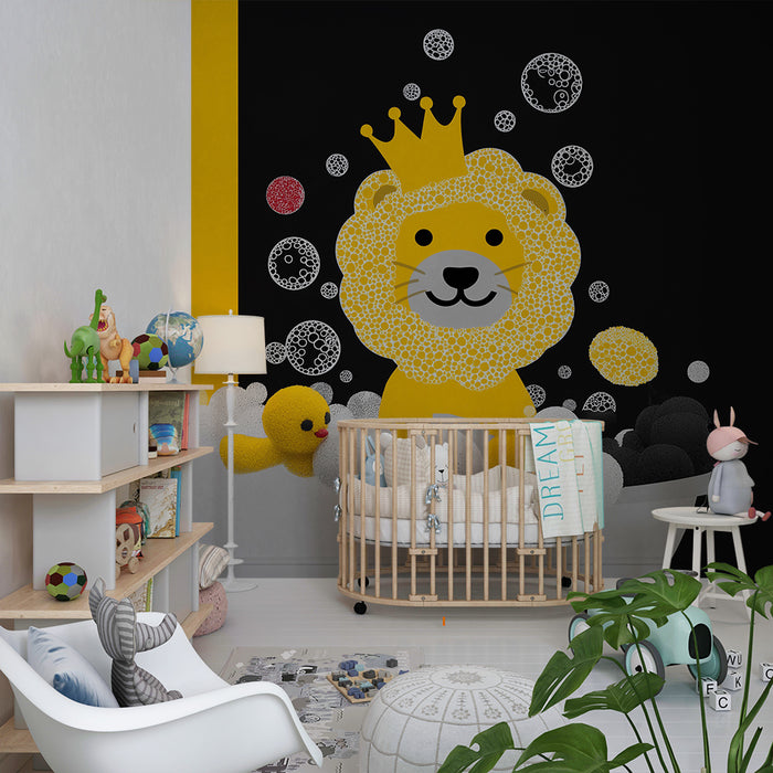 Lastenhuoneen tapetti | Hauska leijona värikkäiden kuplien kylvyssä