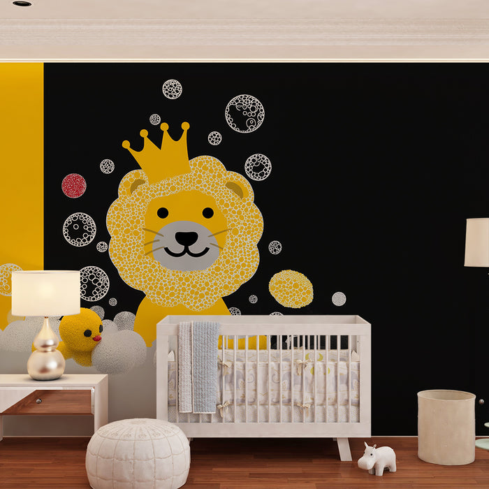 Lastenhuoneen tapetti | Hauska leijona värikkäiden kuplien kylvyssä