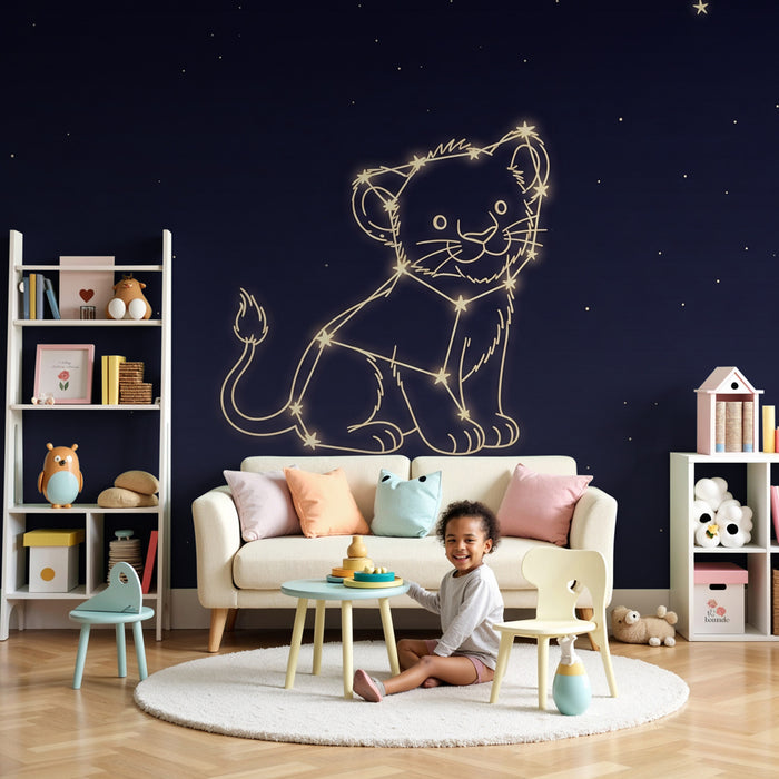Carta da parati bambini | Leone costellato sotto un cielo stellato