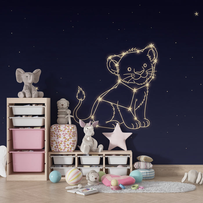 Carta da parati bambini | Leone costellato sotto un cielo stellato