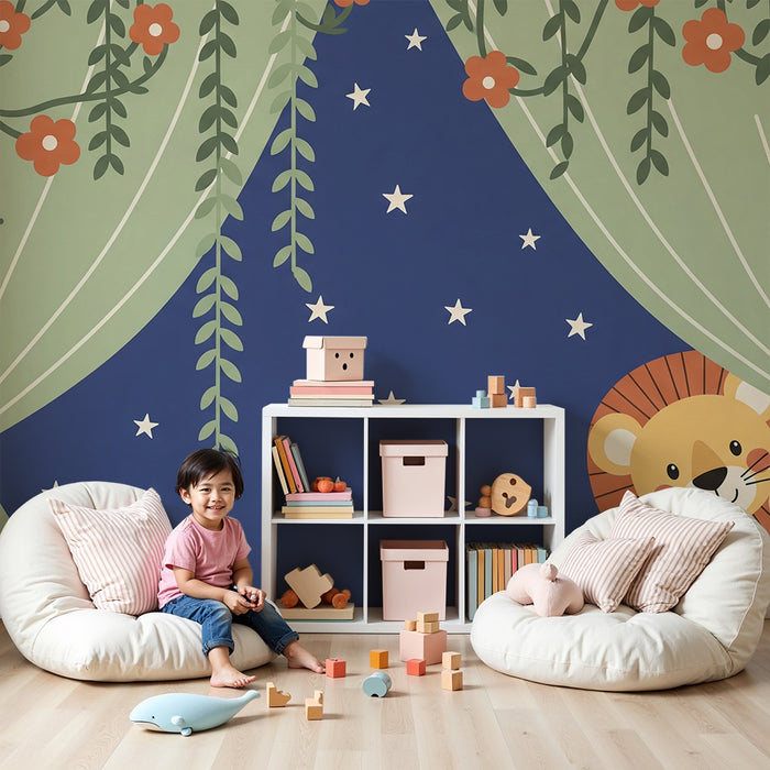 Lastenhuoneen tapetti | Utelias leijona verhojen takana