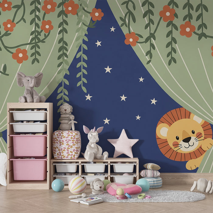 Lastenhuoneen tapetti | Utelias leijona verhojen takana