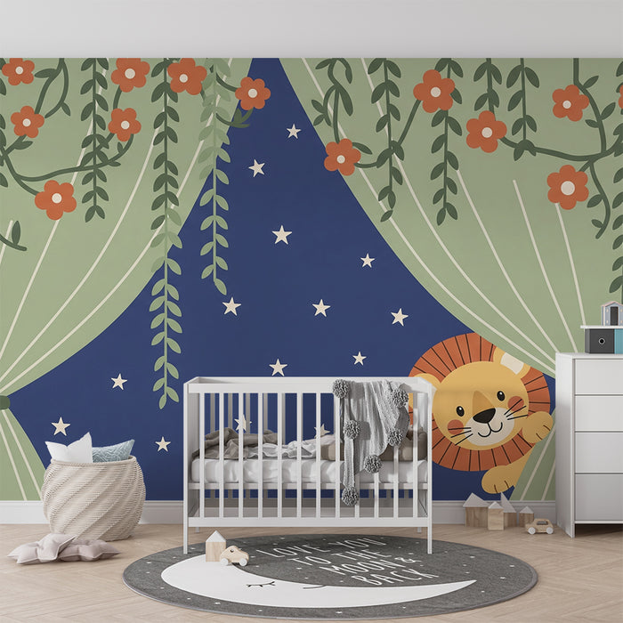 Lastenhuoneen tapetti | Utelias leijona verhojen takana