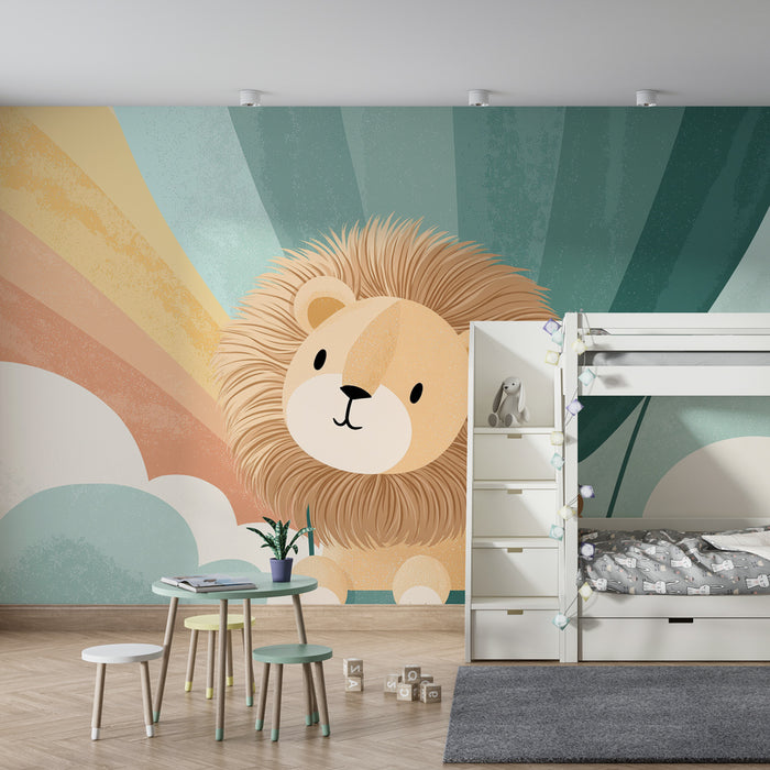 Babykamer behang | Leeuw in een ballon en regenboog