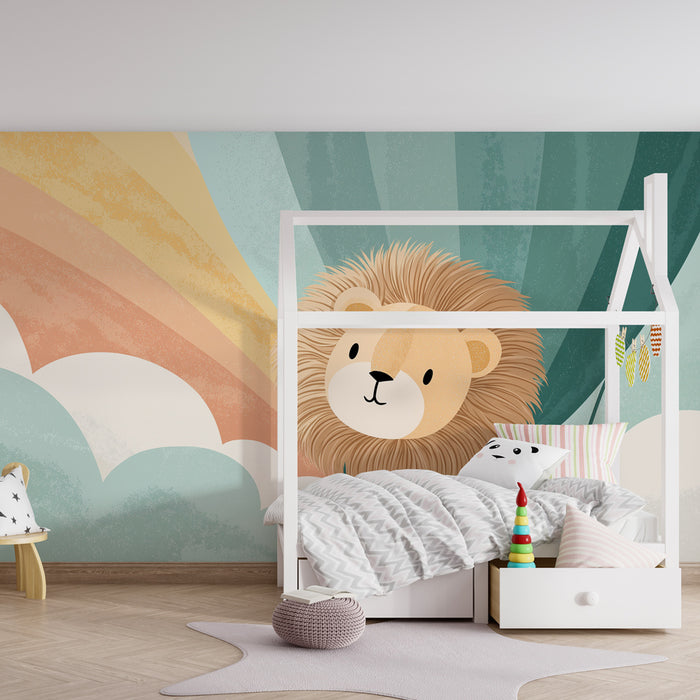 Babykamer behang | Leeuw in een ballon en regenboog