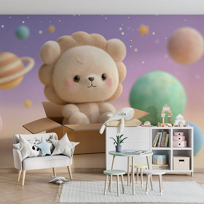 Carta da parati bambini | Leone morbido e cosmico colorato con pianeti