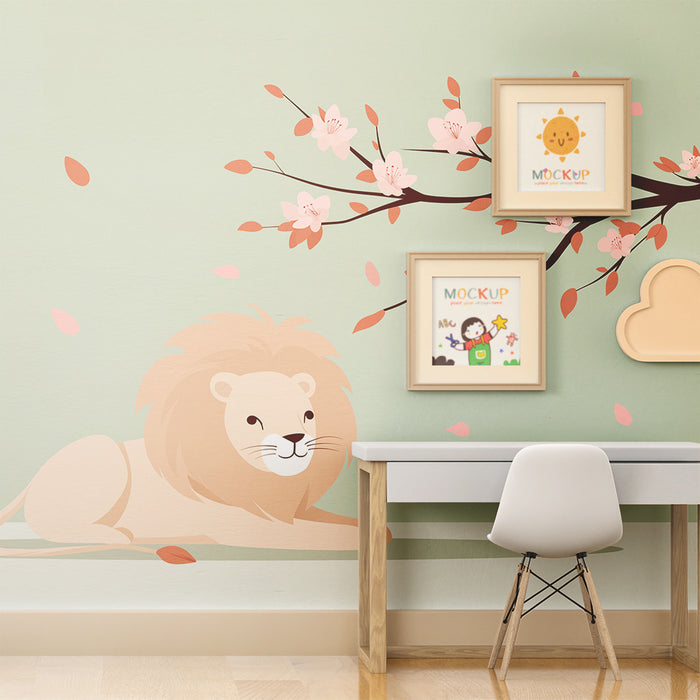 Barntapet | Söt lejon under ett blommande träd
