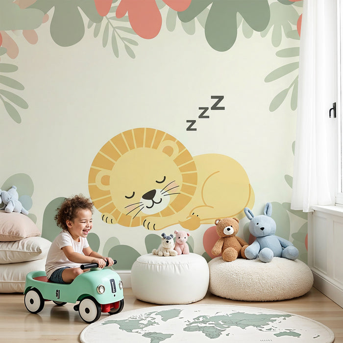 Babykamer behang | Slapende leeuw omringd door kleurrijk bladgroen