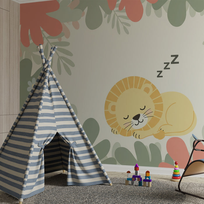 Babykamer behang | Slapende leeuw omringd door kleurrijk bladgroen