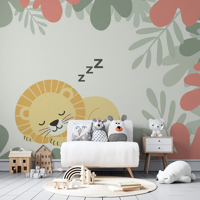 Babykamer behang | Slapende leeuw omringd door kleurrijk bladgroen