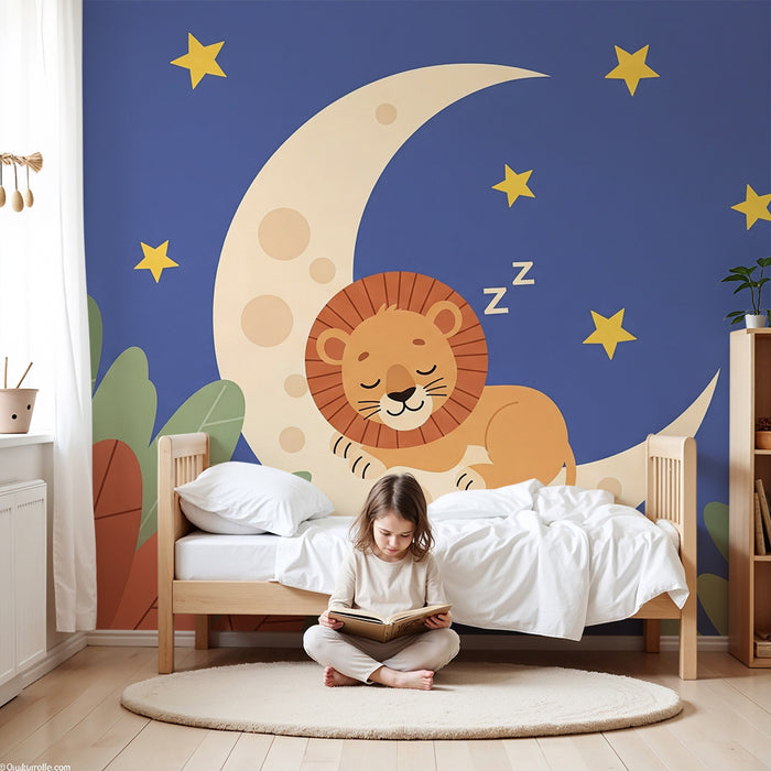 Lastenhuoneen tapetti | Nukkuva leijona kuun päällä