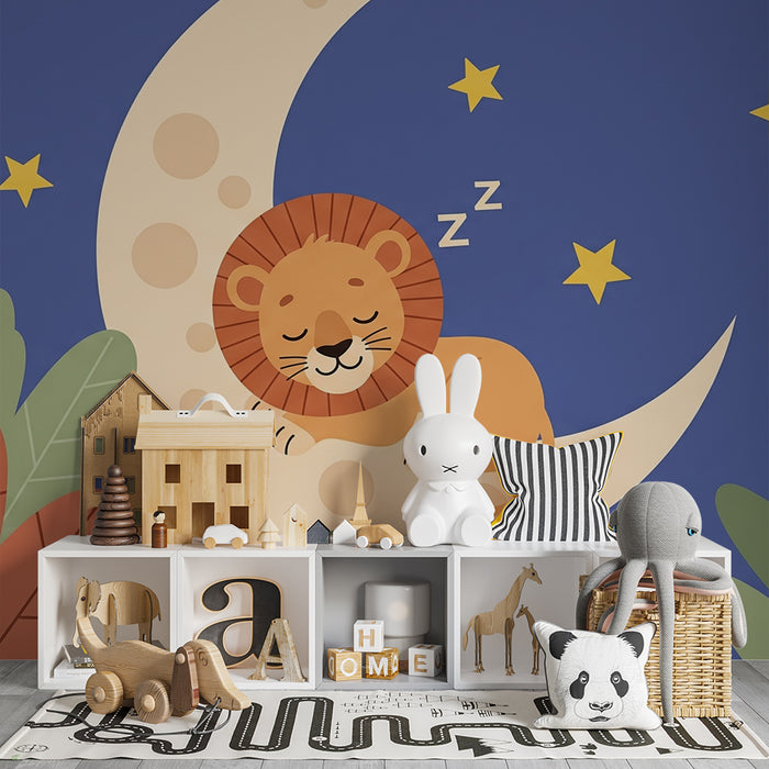 Lastenhuoneen tapetti | Nukkuva leijona kuun päällä