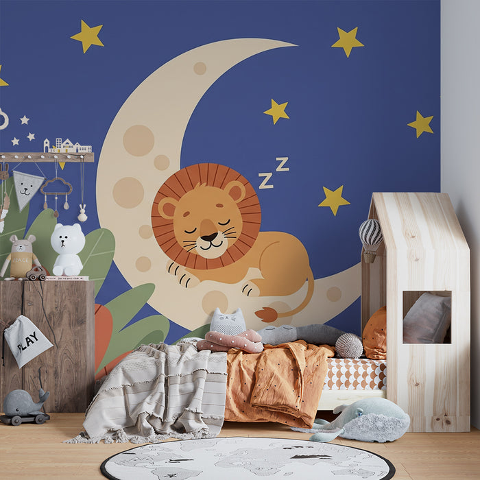 Lastenhuoneen tapetti | Nukkuva leijona kuun päällä