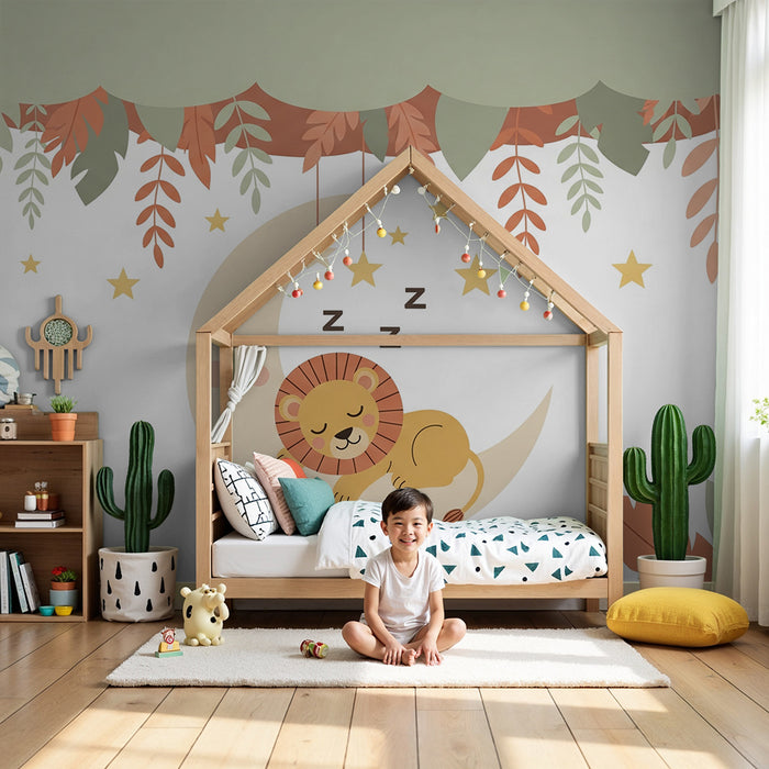 Barntapet | Sovande lejon på månen i färgerna salvia grön och terrakotta