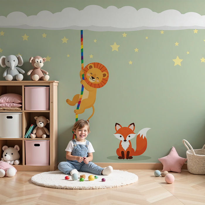 Papel pintado para habitación infantil | León travieso y zorro bajo un cielo estrellado