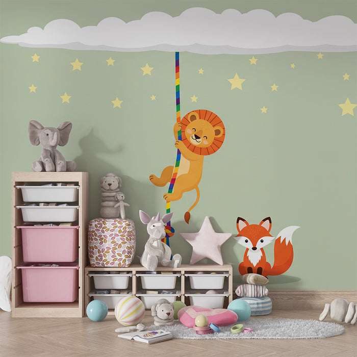 Papel pintado para habitación infantil | León travieso y zorro bajo un cielo estrellado