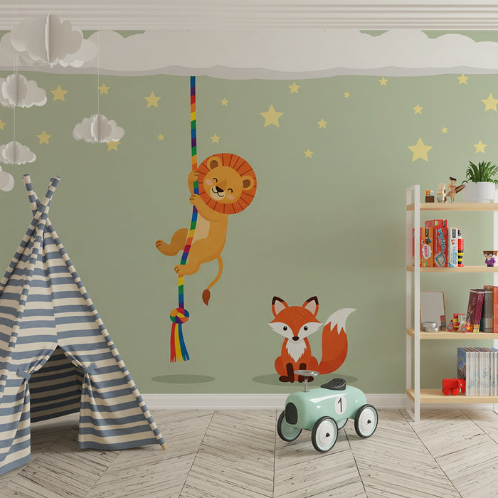 Papel pintado para habitación infantil | León travieso y zorro bajo un cielo estrellado