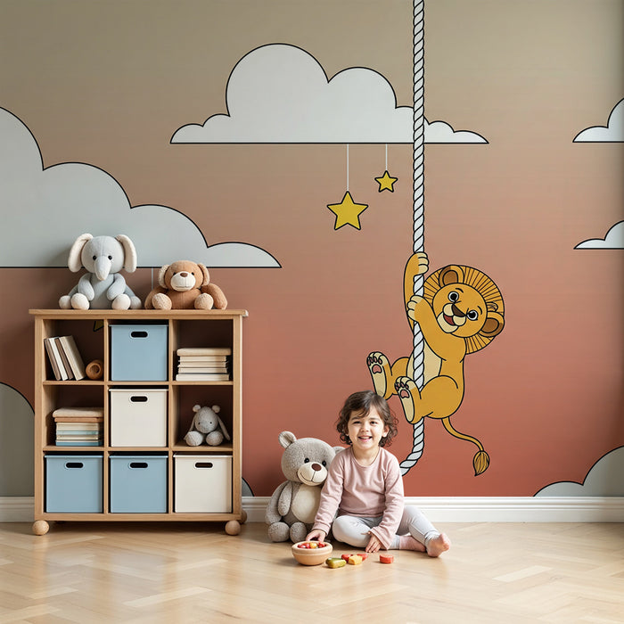 Papier peint chambre bébé | Lion espiègle grimpant avec étoiles et nuages