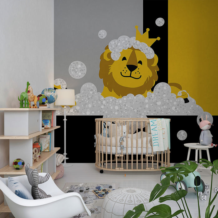 Barntapet | Glad lejon i bubbelbad med levande färger
