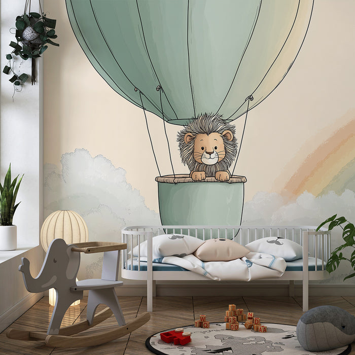 Papel de parede quarto bebê | Leu fericit într-un balon deasupra norilor