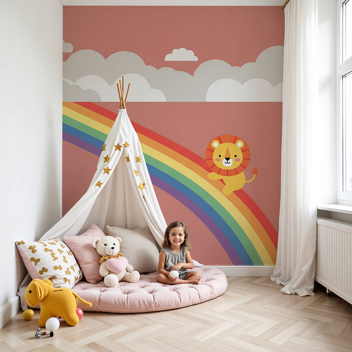 Nursery Wallpaper | Happy Lion on a Colorful Rainbow
