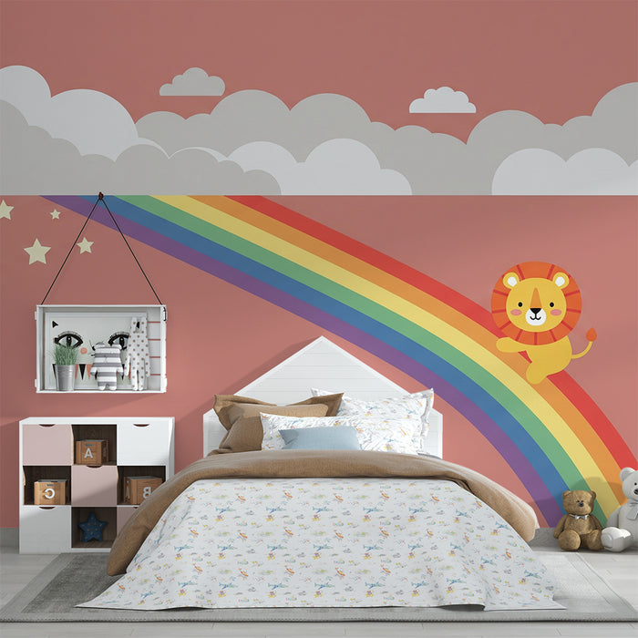 Nursery Wallpaper | Happy Lion on a Colorful Rainbow