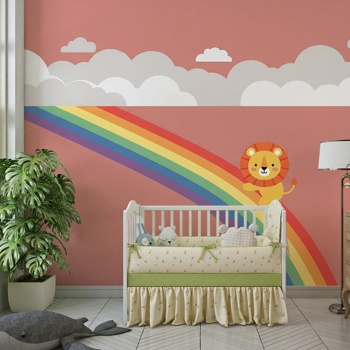 Nursery Wallpaper | Happy Lion on a Colorful Rainbow