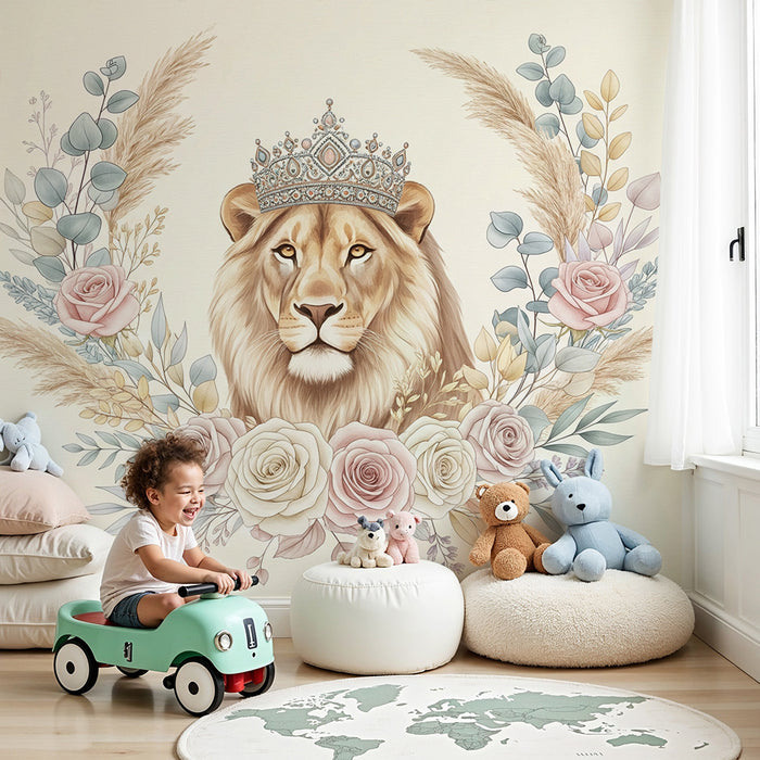 Papier peint chambre bébé | Lion majestueux couronné entouré de fleurs délicates