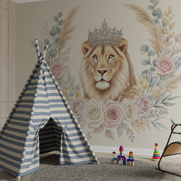 Papier peint chambre bébé | Lion majestueux couronné entouré de fleurs délicates