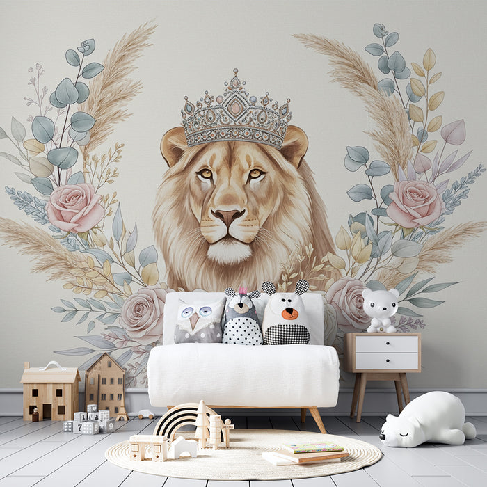 Papier peint chambre bébé | Lion majestueux couronné entouré de fleurs délicates