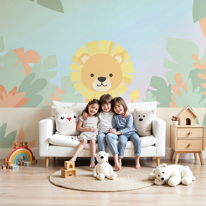 Papel pintado infantil | León lindo en medio de la selva colorida