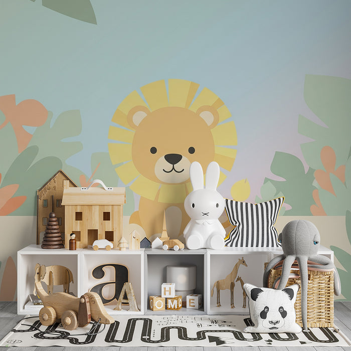 Papel pintado infantil | León lindo en medio de la selva colorida