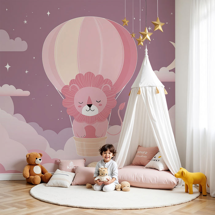 Papel de parede quarto bebê | Симпатичен лъв във въздушен балон сред розовите облаци