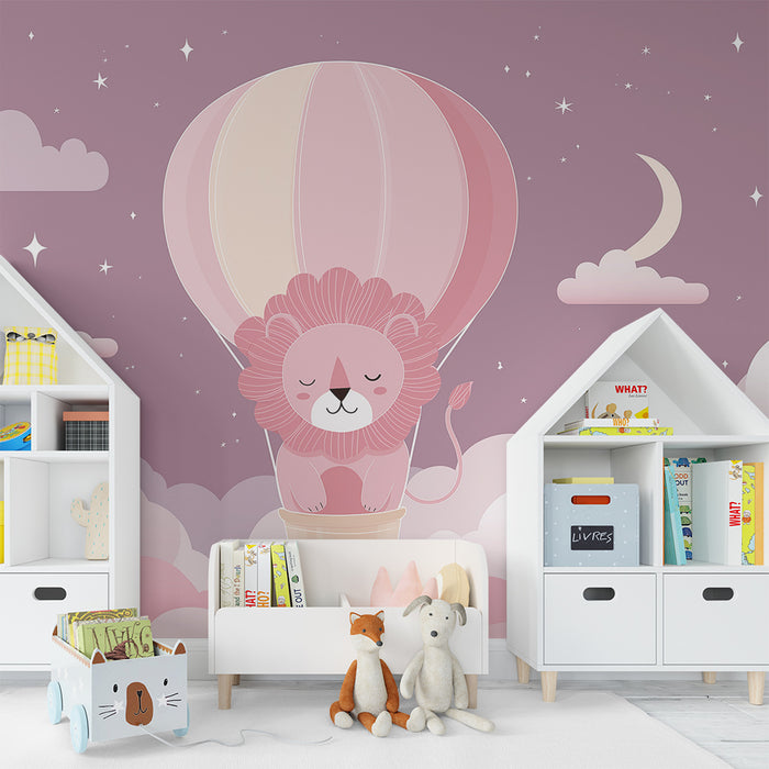 Papel de parede quarto bebê | Симпатичен лъв във въздушен балон сред розовите облаци