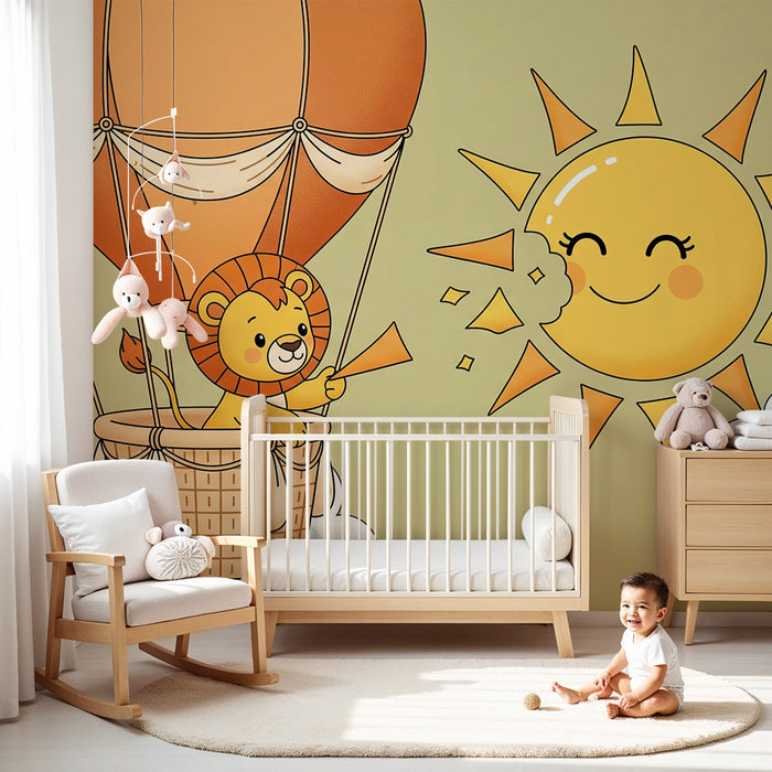 Papel de parede para quarto de bebé | Leão fofo num balão de ar quente com um sol sorridente