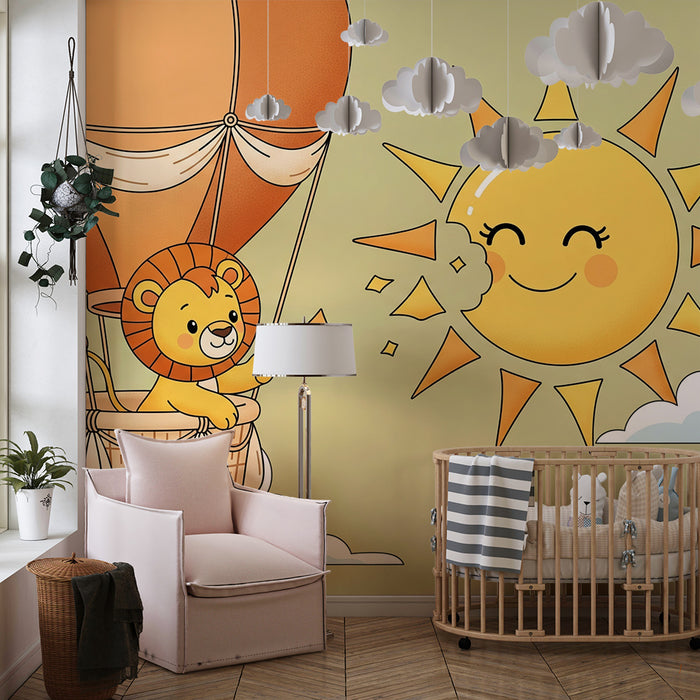 Papel de parede para quarto de bebé | Leão fofo num balão de ar quente com um sol sorridente