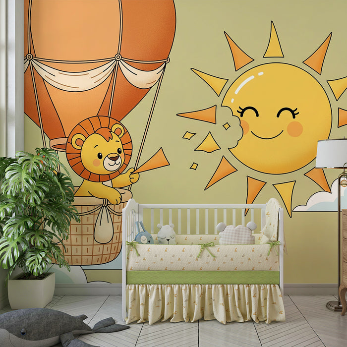 Papel de parede para quarto de bebé | Leão fofo num balão de ar quente com um sol sorridente