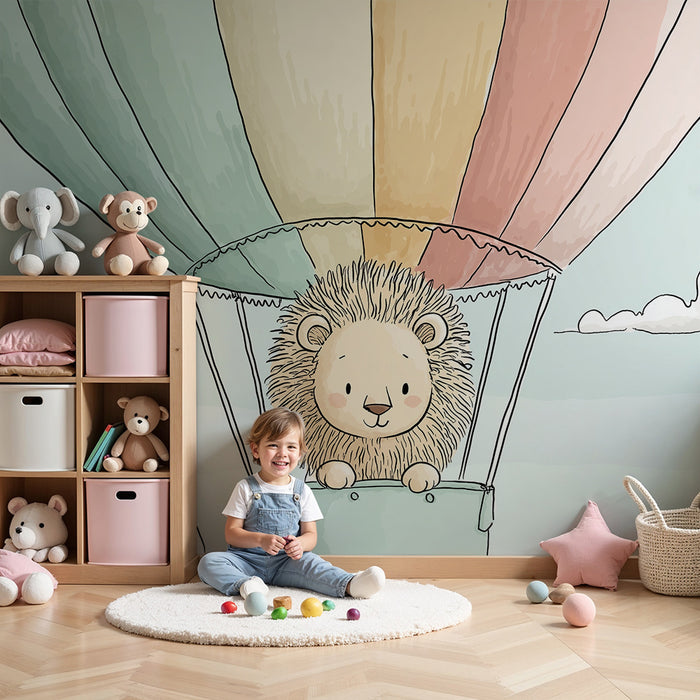 Papel pintado infantil | Lindo león en un colorido globo aerostático