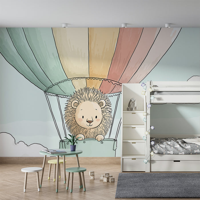 Papel pintado infantil | Lindo león en un colorido globo aerostático
