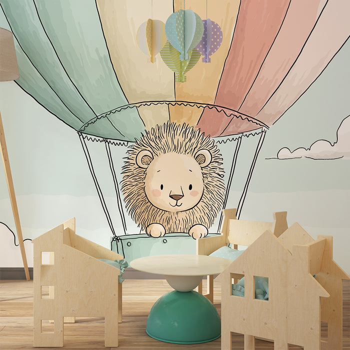Papel pintado infantil | Lindo león en un colorido globo aerostático