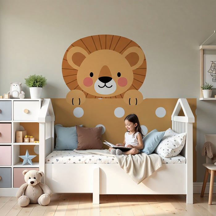 Papier peint chambre bébé | Lion mignon émergeant d'un fond à pois
