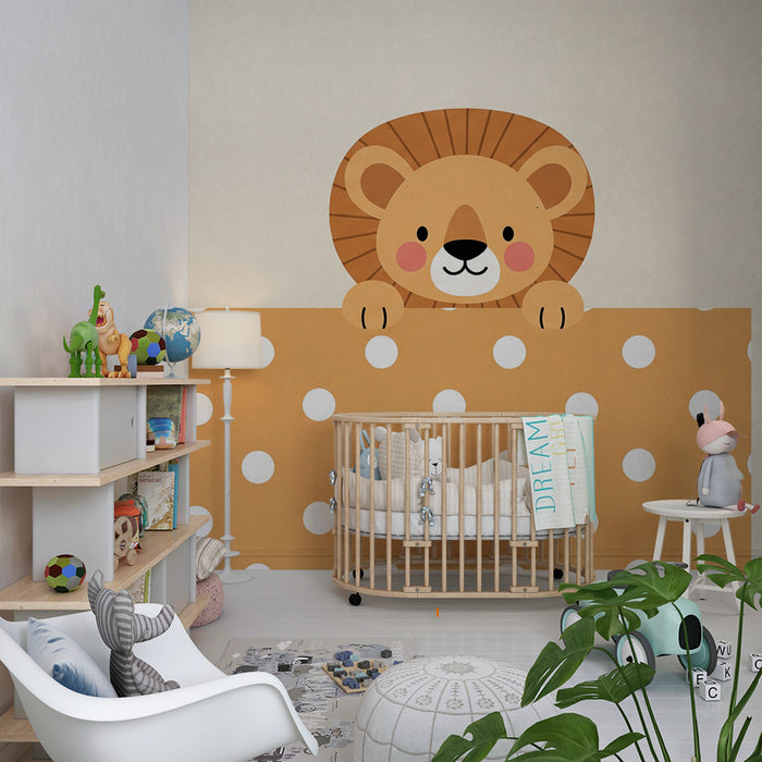 Papier peint chambre bébé | Lion mignon émergeant d'un fond à pois